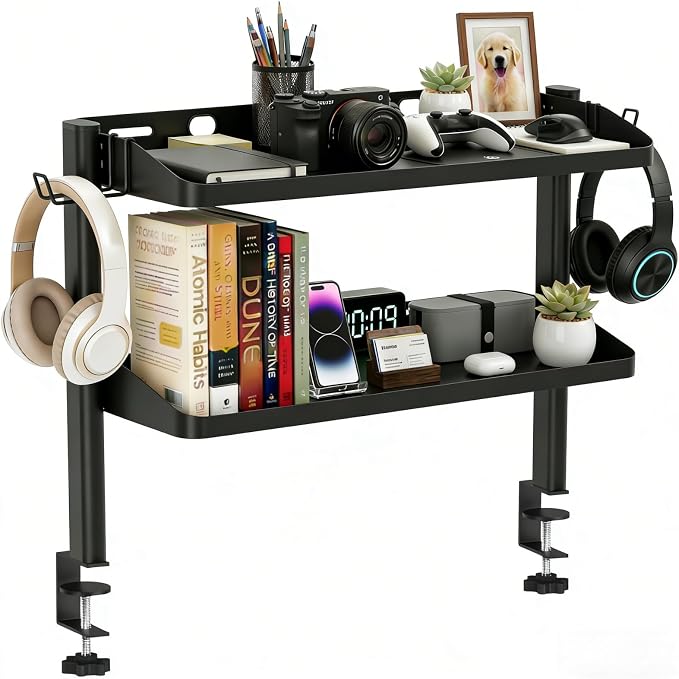 Clamp on Desk Shelf, 24in 2-Tier Office Desk Shelves Organizer, Shelf for Top of Desk with Headphone Holder and Hooks, Desktop Storage Rack for Home Workspace, Study Rooms, Gaming Accessories by DEARPER