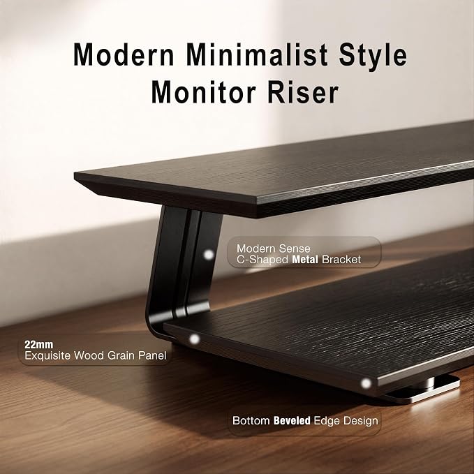 Dual Monitor Stand Riser for Large Office Desk Organization, Black | Solid Wood Made, 30w Fast Charging Ports, Data Transfer USB Ports, Raise Monitor Height, More Desk Space, No Wobble - Image 5