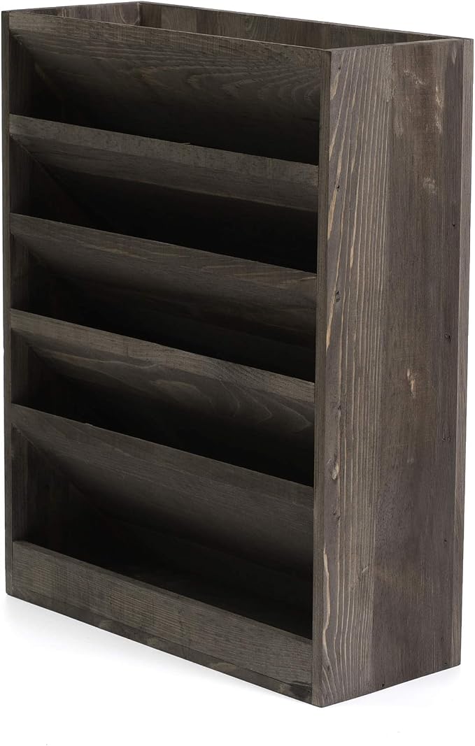Vintage Rustic Wooden 5 Slot Office Desk or Distressed Torched Wood Wall Mounted Hanging Document Filing Organizer，Magazine Rack，Mail Holder Organizer Display Stand - Image 2