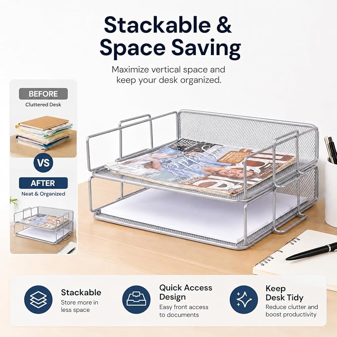 EXERZ Letter Trays 2pcs Stackable Paper Sorter/Desk File Tray/Desk Organizer - Metal Rack - Office, School, Home(Silver Grey Colour) | Two Tier Metal Mesh Stackable Saves Desk Space Holds A4 Papers Folders Notebooks Magazines For Office Home School - Image 4