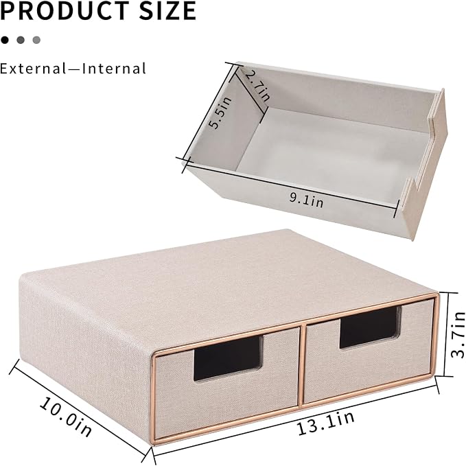 Linen Leather Desk Organizer with Drawers－Mini Desktop Drawer Organizer Stackable－Multifunctional Tabletop Organization Storage Box for Office Supplies Home Vanity Toiletries (Beige, 2-drawers) - Image 3