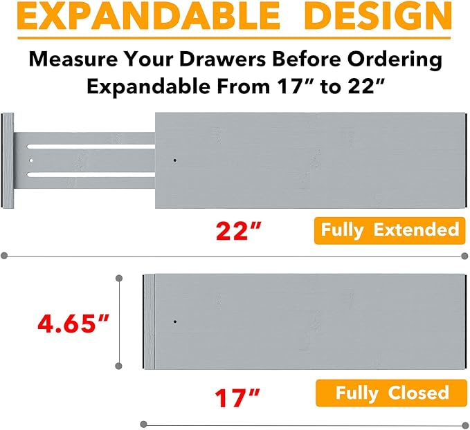 SpaceAid Bamboo Dresser Drawer Dividers 6 Pack, 4.65“ High Adjustable 17“-22” Drawer Organizers, Expandable Organization for Clothing, Clothes, Dressers, Gray - Image 3