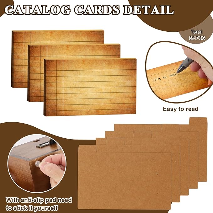 3x5 Index Cards Holder Wood Index Card Organizer Box Flash Card Holder Recipe Cards Holder with Drawer 30 Pcs Vintage Library Cards 5 Kraft Dividers For Gifts Cards Home Office - Image 7