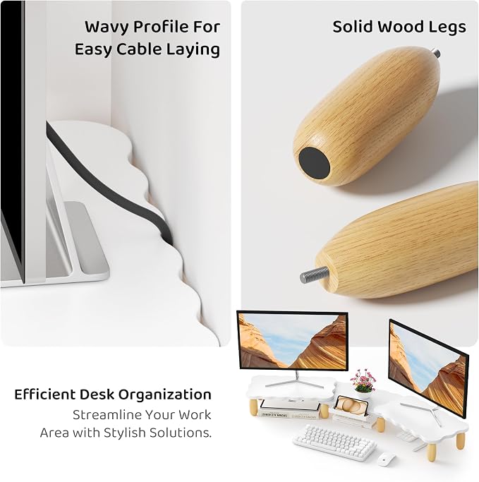AFOOYO Dual Monitor Riser, Cookie-Shaped Adjustable Length & Swivel Angle, Wooden Desktop Organizer for 2 Monitors,Monitor Stand with Drawer for Laptop, PC, Computer, Printer,White - Image 7