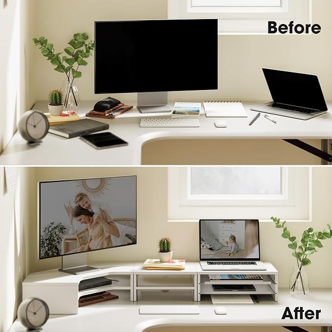 Fenge Dual Monitor Stand with Storage, Corner Desk Shelf for Top of Desk | Wooden Monitor Riser with Drawer and Slide-Out Tray, 2 Tier Storage, for Home Office, Computer, Laptop, Printer - Image 7