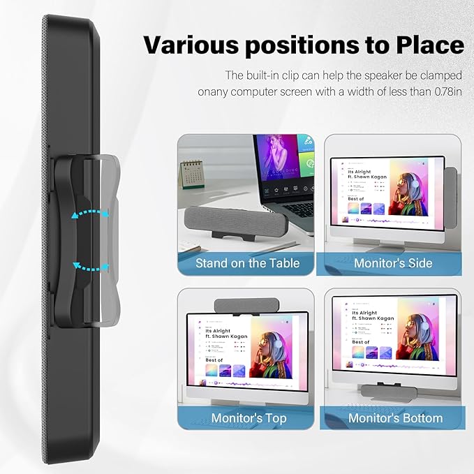 Computer Speakers for Desktop Pc, Monitor Speakers for Laptop,Pc Speakers with Loud Sound,Volume Control Easily Clamps to Monitors(USB-C to USB Adapter Included) (Light Grey)