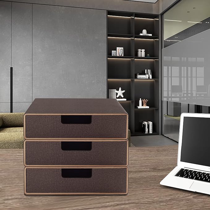 Stackable Organizer Drawer Classic Brown Pu Leather Handmade,Organize Home Office Desk Accessories and Sort Letter-Size Paper/a4 Document,Desk Caddy with Drawers Storage Box,13.1x10x3.7inches - Image 2