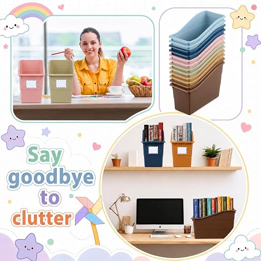12 Pack Large Book Bins, Durable Magazine Organizer File Holder Plastic Book Storage Bins with Labels for Classroom Library Office, Desktop Organization, Bookshelf Categorization (Retro) - Image 5