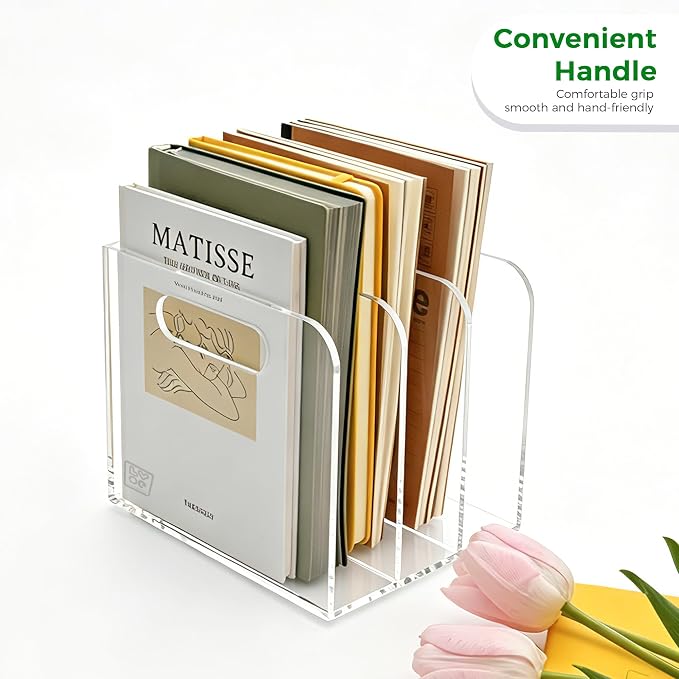 Lovemolly 3-Slot Clear Acrylic Magazine File Holder, Vertical Desk Organizer with Handle – No-Assembly Document Sorter for Office & Home, 7.48 x 6.69 x 6.3 in - Image 5