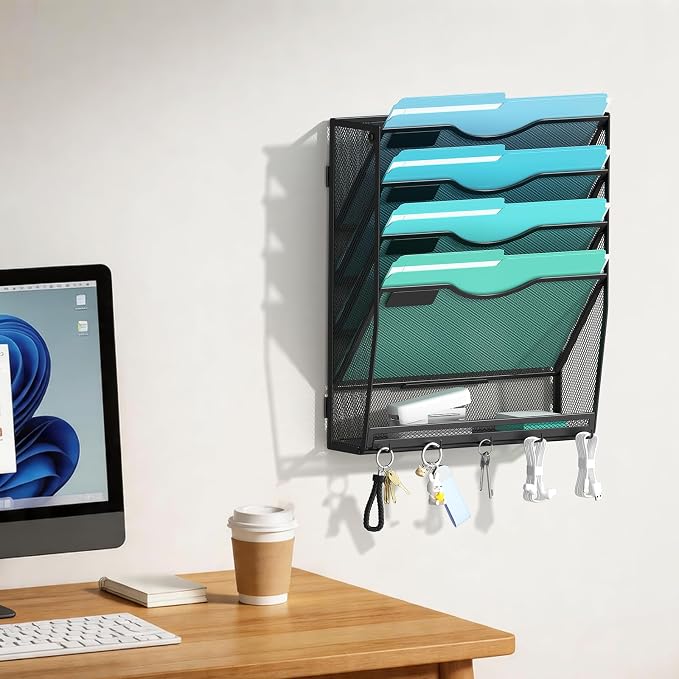 Gawerk 5-Tier Wall File Organizer Hanging Wall File Holder Wall Mount Paper Folder Organize, Mesh Magazine Document Mail Organizer for Office School Home, Black - Image 3