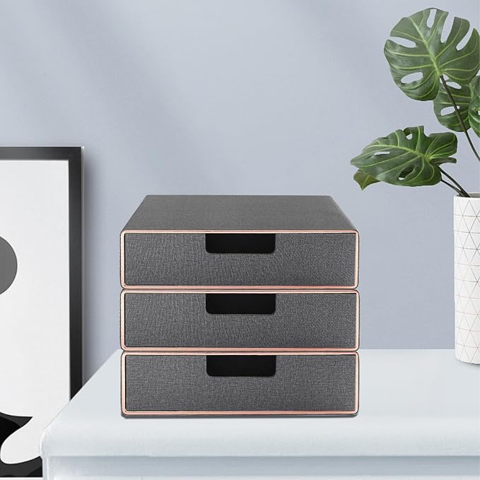 Stackable Organizer Drawer PU Leather Classic Handmade,Organize Home Office Desk Accessories and Sort Letter-Size Paper/a4 Document,Desktop Caddy with Drawers Storage,13.1x10x3.7inches,Grey - Image 4