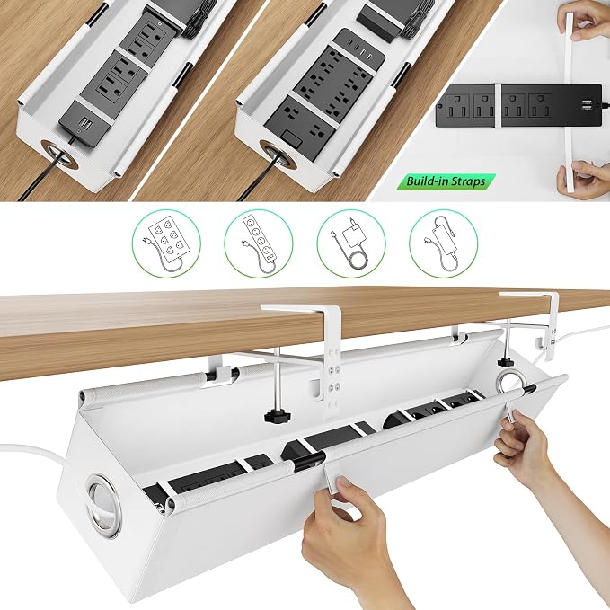 KEEGH Under Desk Cable Management Tray 36", No Drill Cord Organizer, White | Heavy Duty, Large Capacity, 3-Level Clamp Fit 0"-2.5" Desks, Clamp/Screw Mount, for Home, Office, Gaming, Room, Studio - Image 7