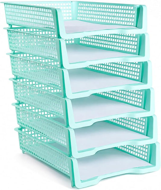 Set of 6 Teal Turn in Trays for Teachers Stackable Classroom Paper Letter Trays Plastic Classroom Desk Letter Organizer Tray Storage Baskets for Library, Drawers, Office, Home by CHUNNIN