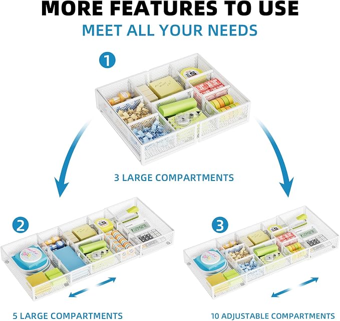 Marbrasse Expandable Desk Drawer Organizer, Mesh Drawer Organizer Tray with 10 Adjustable Compartments, Desk Organizers and Accessories for Office Supplies (Longer Expandable Drawer Organizer-W) - Image 5