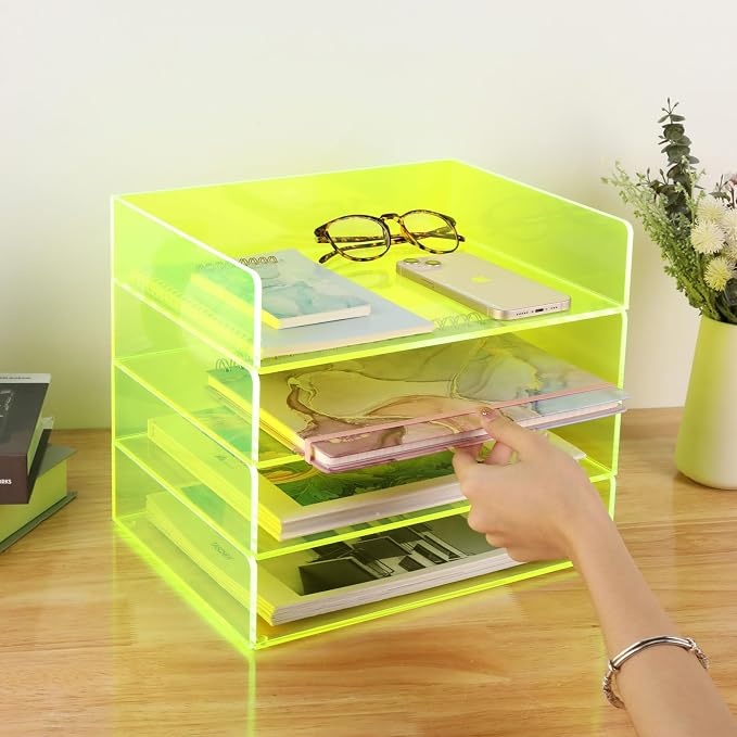 Gelite Acrylic File Organizer for Desk 4 Tiered Stackable Letter Tray Office Paper Storage Desktop Document Sorter, Neon Green - Image 4