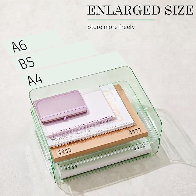 Harloon 4 Tier Clear Sage Green Acrylic Paper Organizer Letter Tray, Aesthetic Stackable Desk File Organizer Paper Holder Office Tray for A4, Modern Office Classroom Home File Pad Books Notes - Image 3