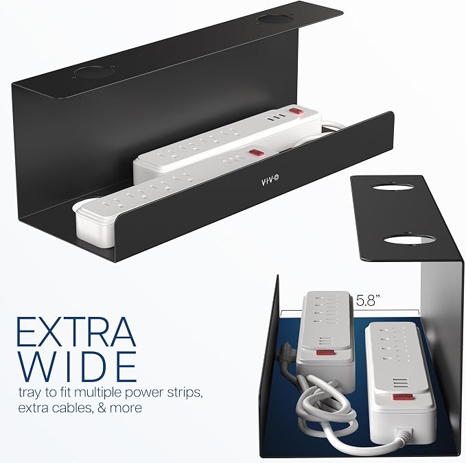 VIVO 2 Pack Black 17 inch Extra Deep Cable Management Tray, DESK-AC16-2C | Set of 2, Under Desk, Low Profile Power Strip Holder, Cord Organizer, Wire Tamer Steel Rack, Home Office, Holds 11 lbs each - Image 5
