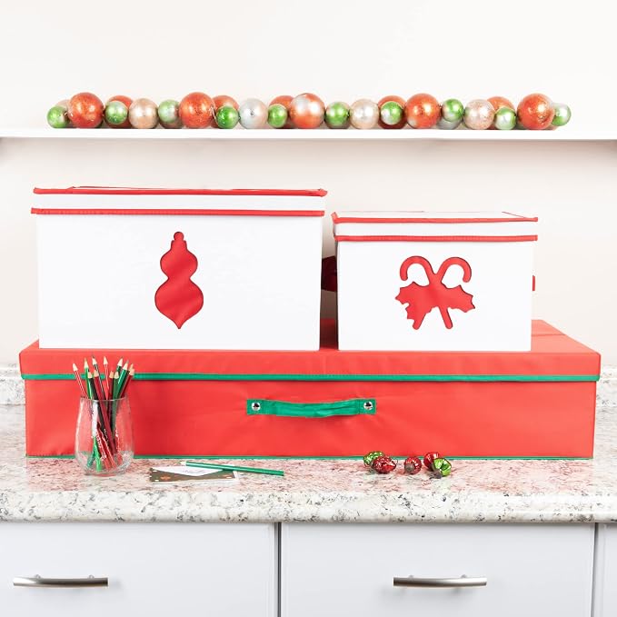 Household Essentials Holiday Gift Wrap Organizer with Lid, Red and Green - Image 3