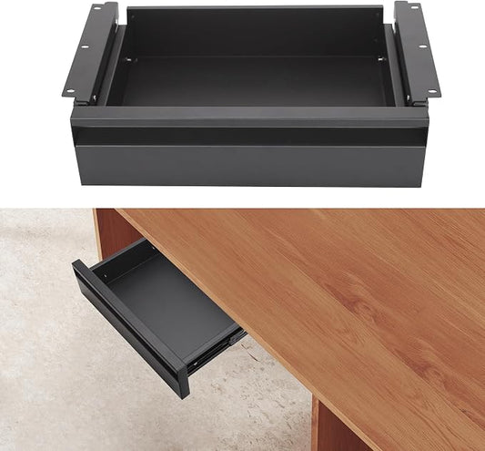 POPMOON 13.8 inch Under Desk Drawer Organizer Pull Out Metal Storage Drawer | Under Table Drawer with Silent Smooth Slide Rails, Carbon Steel Undermount Drawer, Black Powder Coated, Hold 33 Lbs by POPMOON