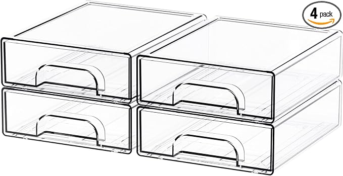4 Pack Small Clear Stackable Storage Drawers,2.2'' Tall Desk Organization and Storage,Plastic Office Supply Organizer,Acrylic Storage Containers for Makeup,Hair Clip,Accessory,Pen,Art Crafts by Yieach