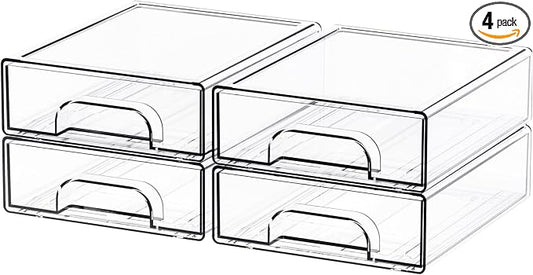 4 Pack Small Clear Stackable Storage Drawers,2.2'' Tall Desk Organization and Storage,Plastic Office Supply Organizer,Acrylic Storage Containers for Makeup,Hair Clip,Accessory,Pen,Art Crafts by Yieach