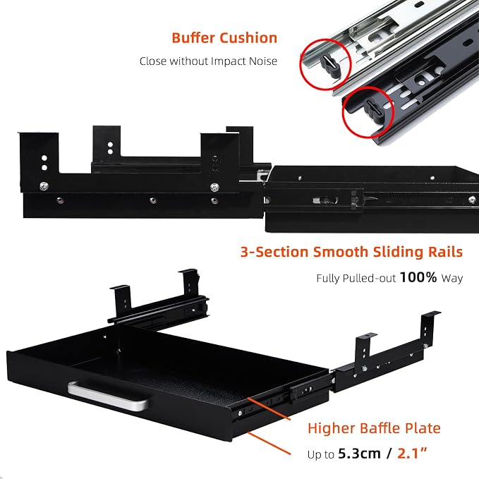 Under Desk Drawer Organizer 21", Large Desk Pencil Storage Drawer | Black, Under Cabinet Table, Heavy Duty Pull Out Shelf, Attachable for Workbench, Adjustable Brackets, Work Shop, Desk Lip - Image 6
