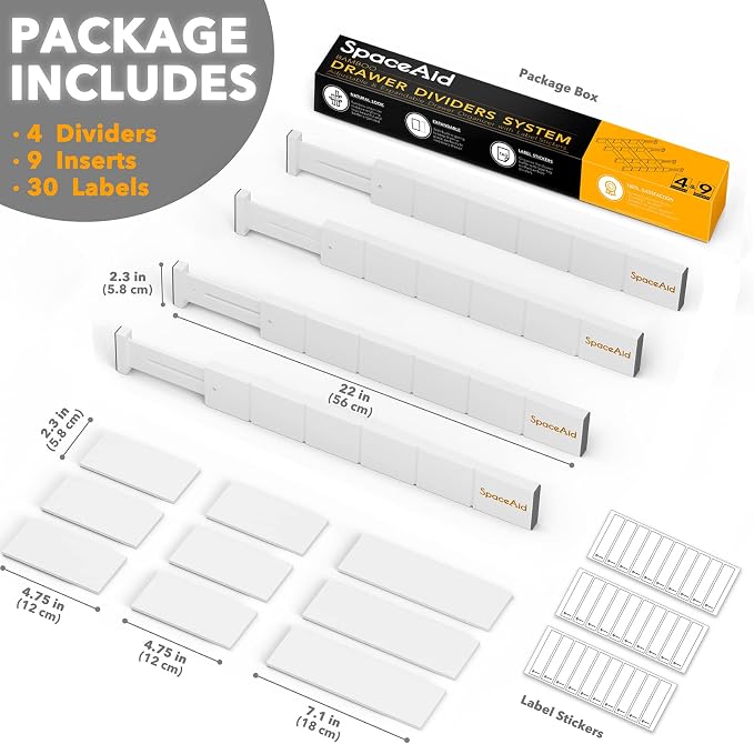 SpaceAid Bamboo Drawer Dividers with Inserts and Labels, Kitchen Adjustable Drawer Organizers, Expandable Organization for Home, Office, Dressers, 4 Dividers with 9 Inserts (17"-22" White) - Image 4