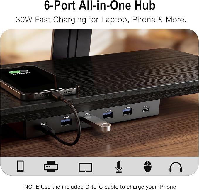 Dual Monitor Stand Riser for Large Office Desk Organization, Black | Solid Wood Made, 30w Fast Charging Ports, Data Transfer USB Ports, Raise Monitor Height, More Desk Space, No Wobble - Image 4