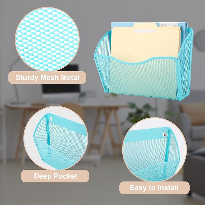 3 Single Pocket Mesh Hanging File Organizer, Vertical Wall Mounted Magazine File Holder, Mount Basket Mail Paper Document Folder Organizing for Office, Home and School, Blue - Image 3
