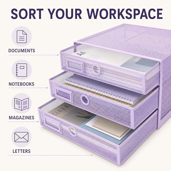 EXERZ Paper Sorter 3 Tier Drawers A4 / Multifunctional Desk Organiser/Letter Tray - Documents, Magazines, Notebooks and Letters - Light Purple | Desk Organiser Pull Out Trays Keep Files Letters Magazines Folders Notebooks Neatly Separated Easy To Reach - Image 9