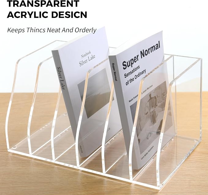 Acrylic Magazine File Holder, 6 Vertical Compartments Desk Document Sorter Organizer, Clear Folder Rack Binder for Office/Home/Classroom, for Documents, Tablet, Magazines, Books & Accessories - Image 4