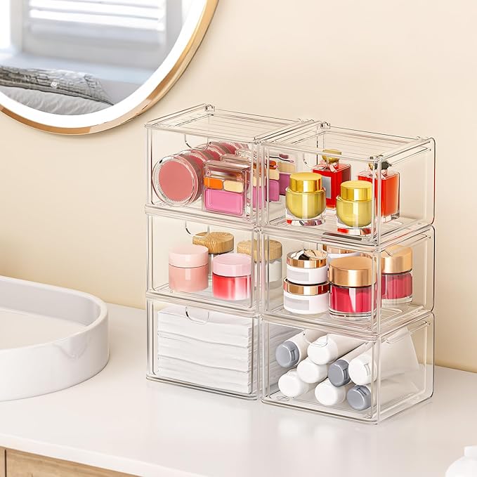 6-Pack Stackable Acrylic Storage Drawers, Small | Smooth-glide drawers, stackable, clear body, dustproof, wipe clean, 6 small, for art tools, makeup, under sink, pantry - Image 2