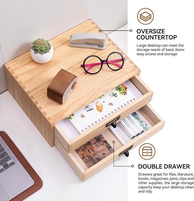 KIRIGEN Solid Wood Desk Organizer with 2 Drawers, Desktop Storage, Natural | 2-Drawer Cabinet for Printer Paper, Mail, Notebooks, and Office Supplies, 13.78 x 10.6 x 5.9 In, Fully Assembled - Image 4