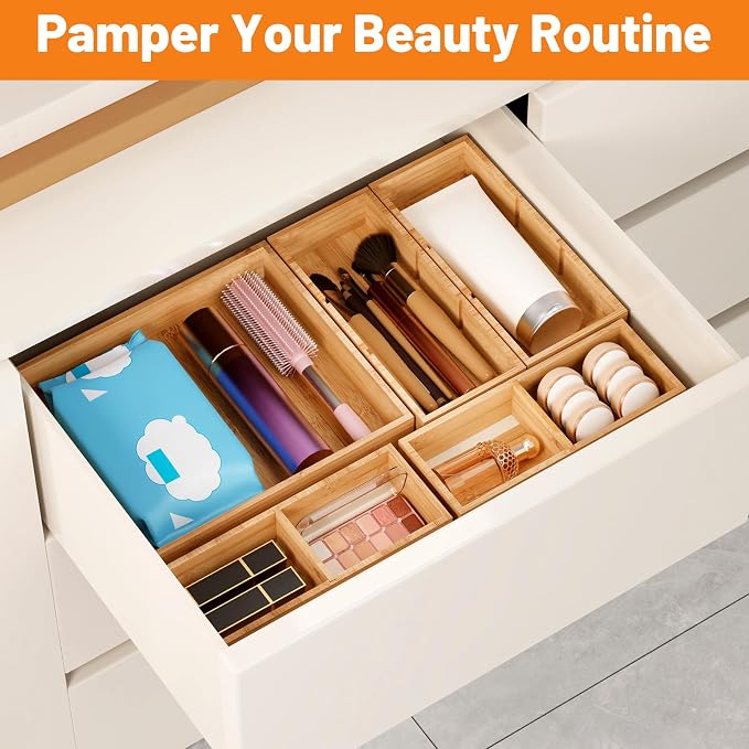 Bamboo Drawer Organizer, 5-Piece Stackable Trays with Removable Dividers | Junk drawer organizer, assorted tray sizes, 5-11 customizable compartments, nestable, kitchen utensils, bathroom, office - Image 6