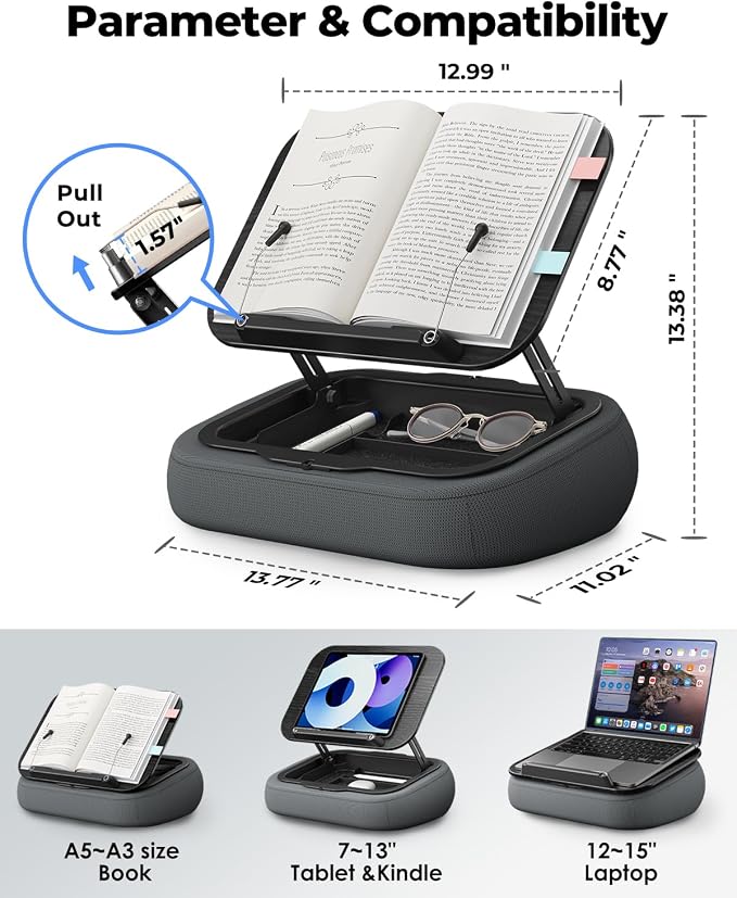 Viozon Lap Book Pillow Stand with Storage, Adjustable Beanbag Reading Pillow with Dark Wood Panel, Multi-Angle Book Holder for Hands-Free Reading in Bed or Sofa,Book Lover Essential,Soft Cushion b - Image 3