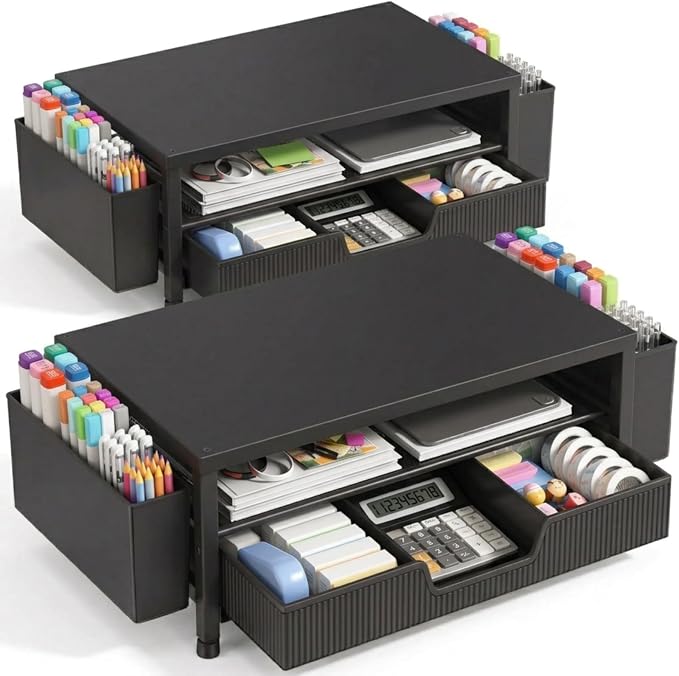 ECOLOVI Desk Organizer and Accessories, 2-Tier Computer Monitor Stand Rise with Storage Drawer & 2 Pen Holders, Laptop & Printer Stand for Desktop, Workspace Organizers for Office Supplies (Black 2-Pack)) by ECOLOVI