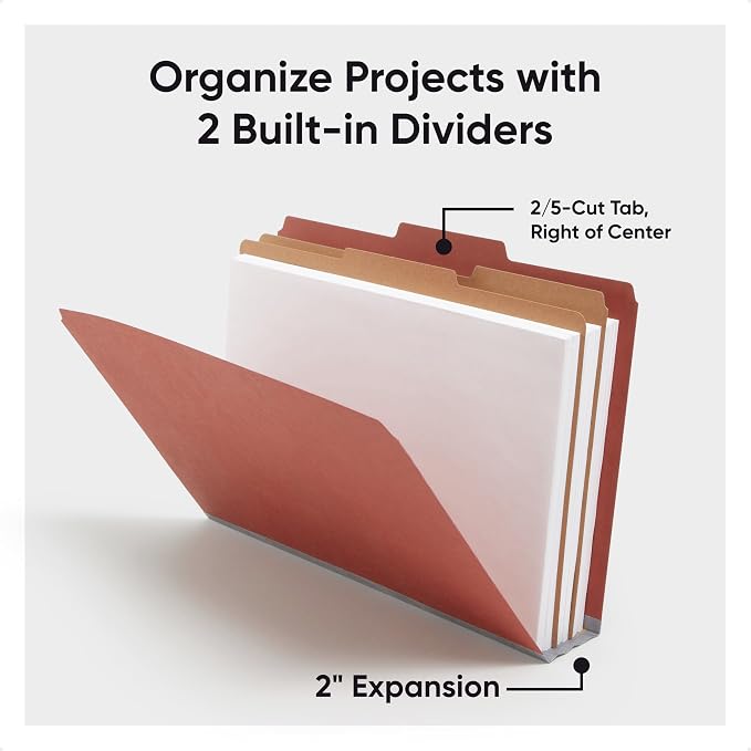 Smead Pressboard Legal Size File Folders with SafeSHIELD Fasteners, 2 Dividers, 2" Expansion, Office Folders, Paper Holder, Red, 10 per Box (19075) - Image 6