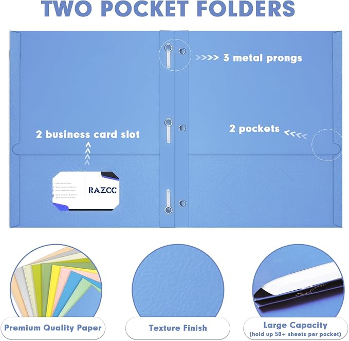 Two Pocket Folders, RAZCC 100 Pack Two Pocket Folders with Prongs, 3 Prong Folders Fit Letter Size Paper, Pocket Paper File Folders for School Office Home Business, Assorted 10 Colors - Image 3