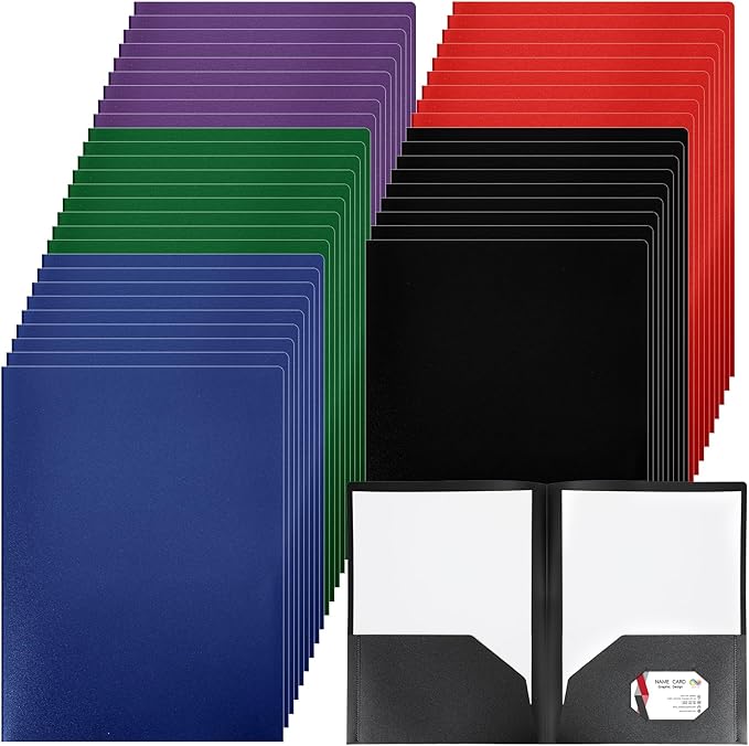 Patelai 50 Pack Plastic Folders with Pocket Bulk 2 Pocket Heavy Duty Letter Size Folders Business Card Holder for School Office File(Multi Colors) by Patelai