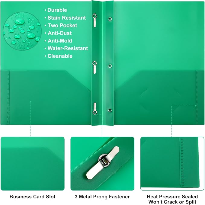 Cholemy 72 Packs Pocket Folders with Prongs Heavy Duty Plastic Folder with Business Card Slot 3 Prong Fasteners for School Office (Black,Blue,Green) - Image 3
