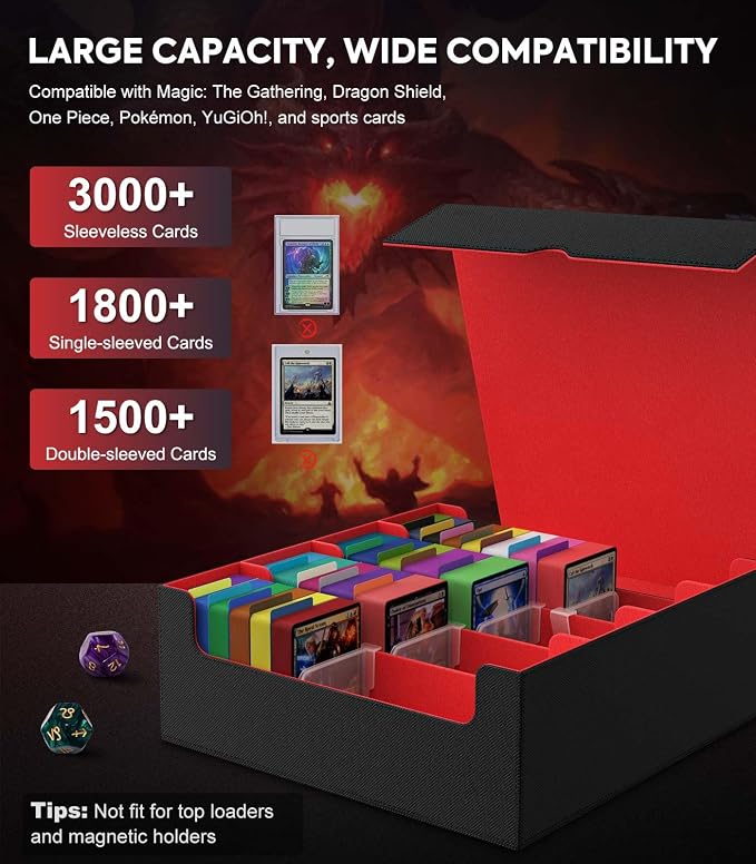 MoKo Trading Card Storage Box for MTG, 3000+ Card Organizer, Black Red | MTG Deck Box, w/ 24 Colorful Dividers & 4 Card Supporters, MTG Card Storage for Magic Game, TCG, PTG Baseball and Sport Cards - Image 3