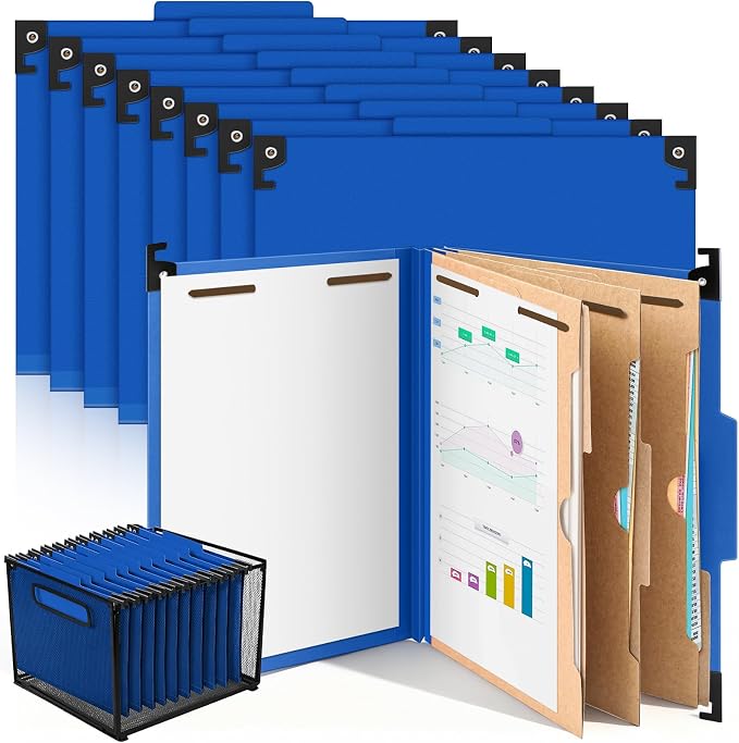 Henoyso 15 Pcs Hanging Classification Folders,3 Pocket Dividers,Dark Blue | Letter Size, Hanging File Folders with 3 Pockets, 4" Expansion, 8 Prong Fasteners, 1/3 Tab Cut, 8 Sections, Pressboard Manila by Henoyso