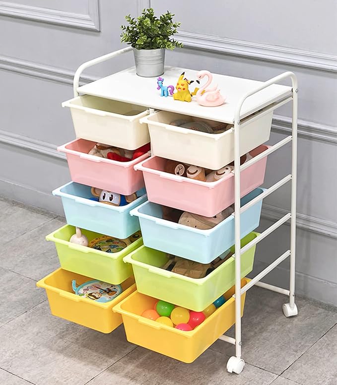 Ytaoka 10 Drawers Rolling Storage Cart, Plastic Drawer Cart with Metal Frame, Multipurpose Art Craft Cart Organizer with Wheels, Utility Cart with Drawers for Home, Office, School, Multicolor - Image 7