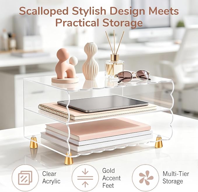 2+1 Tier Paper Letter Tray,Acrylic Desk Organizer with Scalloped Edge& Gold Metal Feet,Top Display Design,Space Saving Clear Organizer for Women, A4 File, Letter, Books,Notes,Home & Office - Image 2