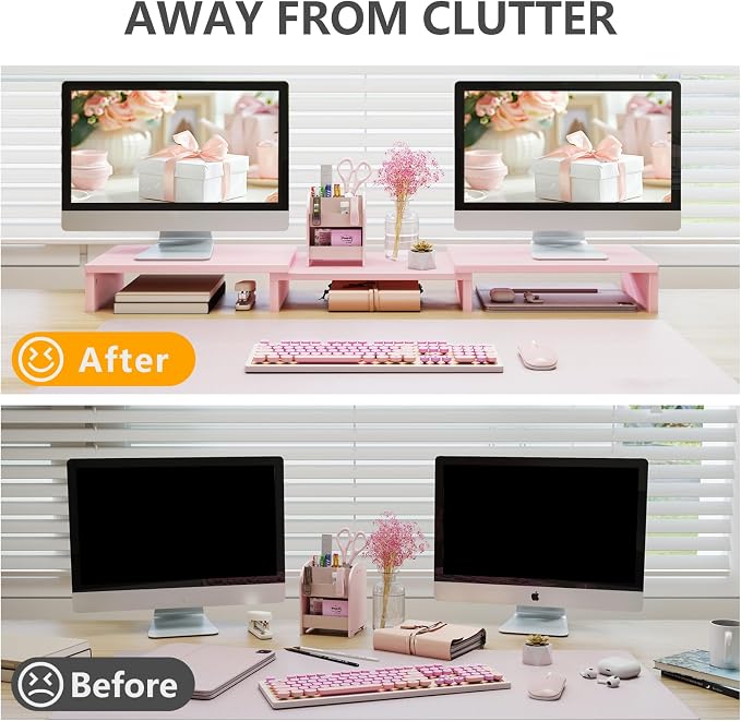 TAVR Dual Monitor Stand Riser, Wooden Computer Monitor Stand for 2 Monitors | Extra Long Multifunctional Desktop Organizer Riser for TV, PC Monitor, Laptop, Printer, Max 43.3" Length, Pink - Image 2