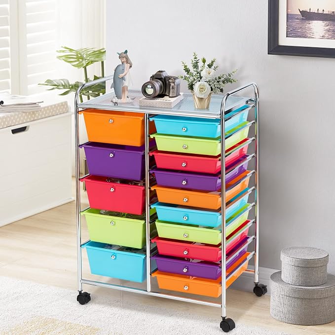 COSTWAY 15 Drawer Rolling Storage Cart, Mobile Storage Organizer | Removable Drawers & Metal Frame, Multipurpose Utility Tools Paper Organizer on Wheels for Home, Office (Multi-color) - Image 8