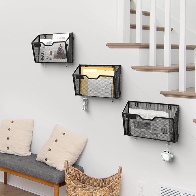 YINGHUA 6 Pack Wall Mounted Mesh File Folder Organizer with Hooks, Black | 12.6" durable metal hanging baskets. Perfect vertical storage for mail, magazines and papers in office, home or school. - Image 7