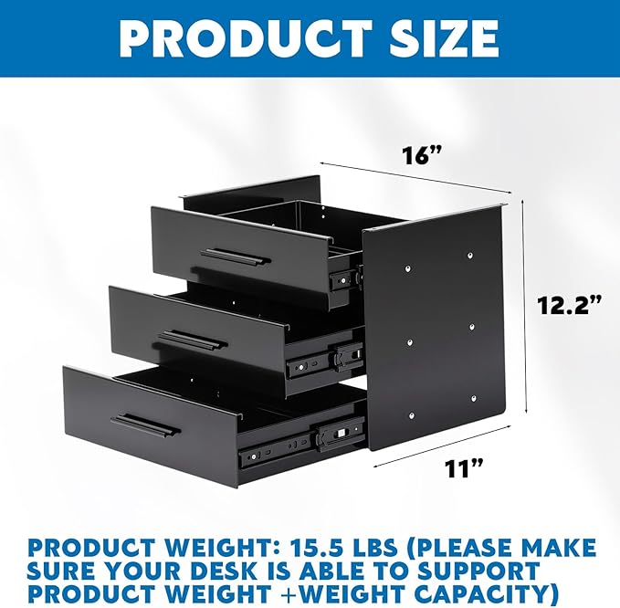16'' Under Desk Drawer Slide-out Steel Under Counter Drawers Storage Organizer Large Hidden Pull-out Tray for Table Desks Home Office Workstation(Black,3 Layer) - Image 2