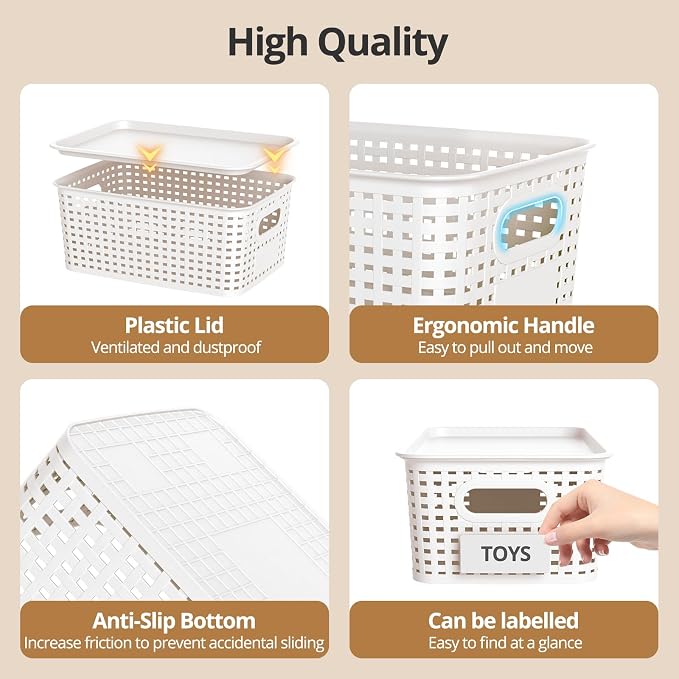 Plastic Storage Basket with Lid, Stackable Small Box Bins for Organizing and Containers for Shelves Drawers Desktop Closet Playroom Pantry Classroom Office Home, 8 Pack 10.2x7.2x4.1 Inch, White - Image 3