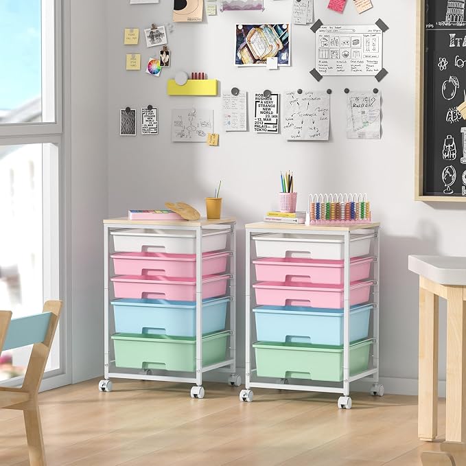 SYKIARIOL Utility Cart with 5 Drawers with Wooden Top, Rainbow | 5-Tiers Storage Cart with Drawers with Lockable Wheels for Craft Organizers and Storage,Home Office,Classroom,Dorm ,Playroom - Image 8
